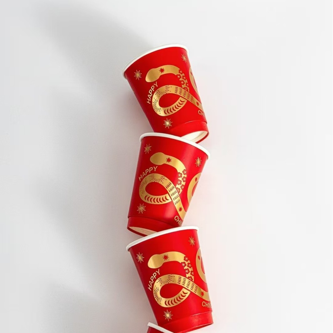 New Year Red Paper Cup Disposable Coffee Cup Hot Drink Milk Tea Commercial Household Thickened Year of the Snake New Year Food Cup