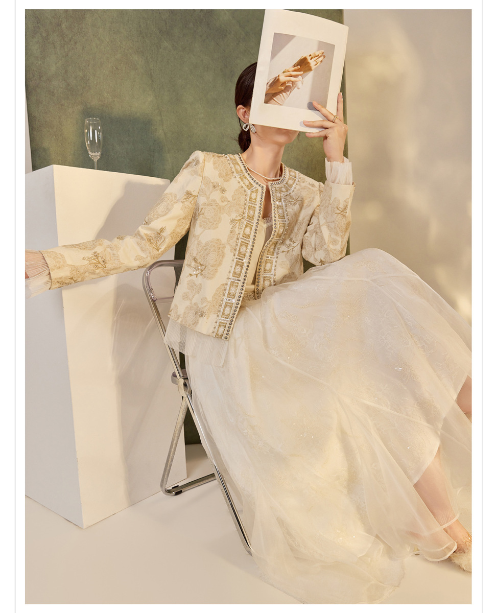 Áo khoác ngắn nữ dáng thanh lịch thêu cườm họa tiết hoa nhún bèo — Vàng Champagne (giao hàng trong 7 ngày), Vàng Champagne (giao hàng trong ngày)