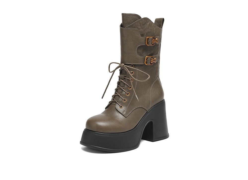 Boot Martin nữ da bò thật gót thô 10cm cổ trung khóa kéo bên hông — Lớp lót đơn màu đen, Lớp lót đơn màu kaki, Lớp lót đơn màu nâu, Lót nhung đen