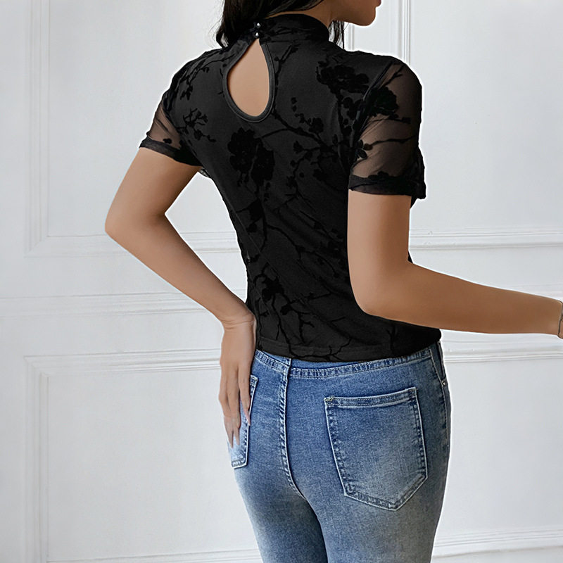 Lace Trimmed Short Sleeve Top Hollow Out Design Velvet Mesh Fabric Trendy Style Perfect for Casual Outings