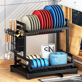 Kitchen Drain Dish Rack Metal Dish Drain Storage Rack Double-Layer Metal Chopstick Barrel Pallet Rack Storage Rack