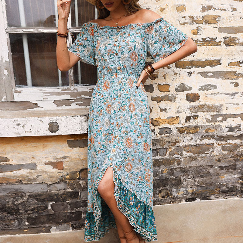 Floral Summer Dress Blue Color Off Shoulder Neckline Vintage French Style Perfect for Casual Outings Wholesale