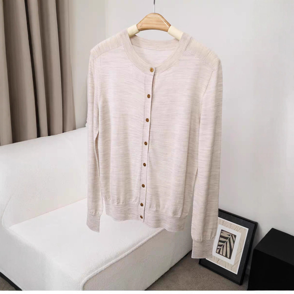 德国扬子纱100%美丽诺羊毛针织圆领开衫精纺60支外套秋冬薄款女25