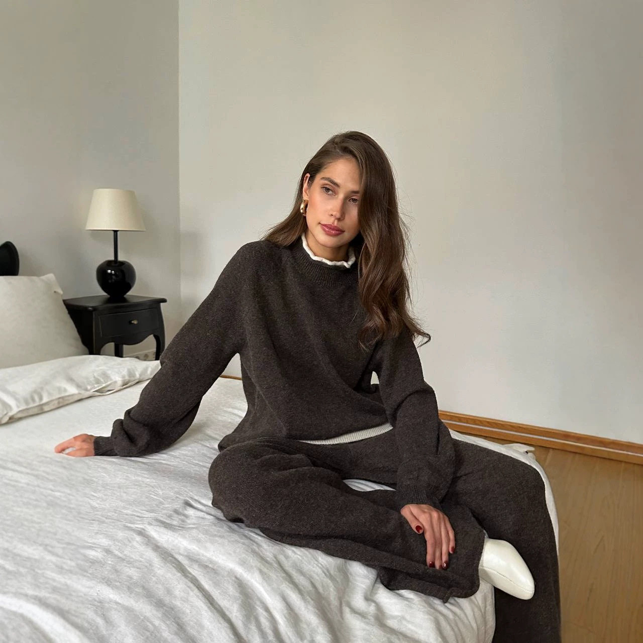 Womens Loose Fit Knit Sweater and Wide Leg Pants Set Wool Blend Casual Style Autumn Winter Collection Wholesale
