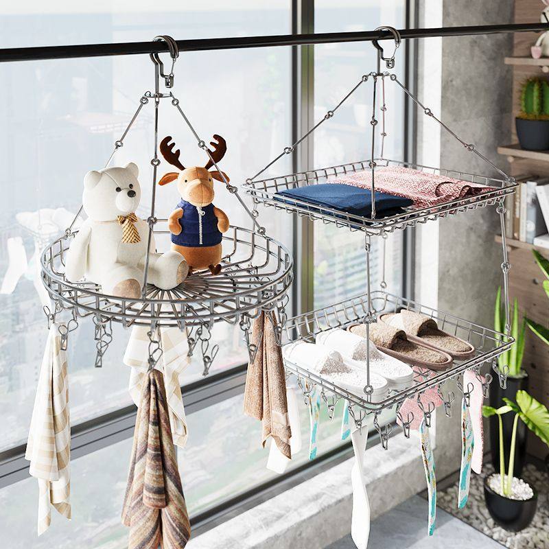 Stainless Steel Clothes Drying Basket, Single or Double Layer Household Net for Drying Sweaters and Socks, Magic Hanging Rack