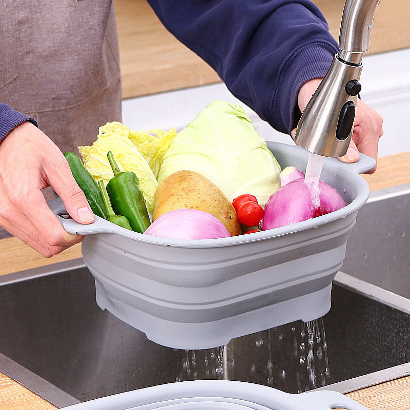 Food-Grade Silicone Foldableable Drain Basket Vegetable and Fruit Washing Basket Kitchen Round Square Drain Basket High Temperature Resistant