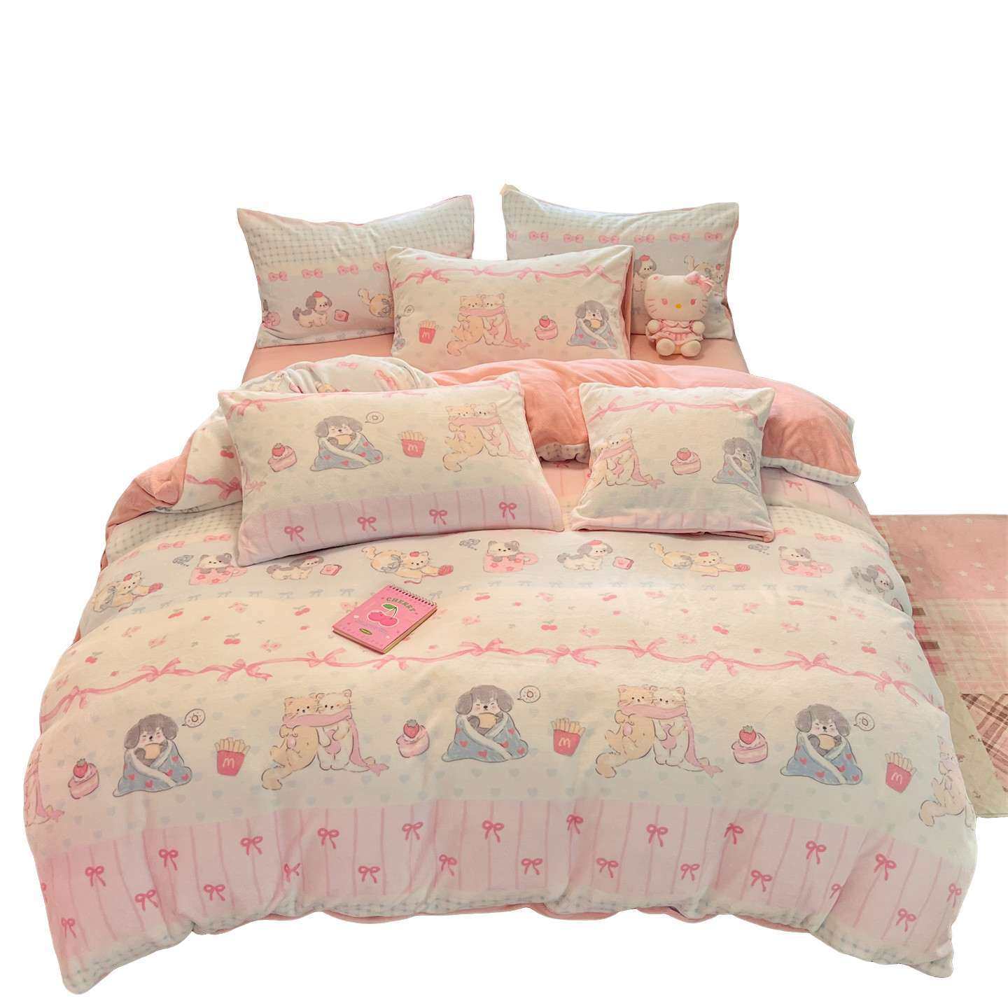 Milk Velvet Bed Four-Piece Set Coral Velvet Student Dormitory Bed Autumn and Winter Cartoon Three-Piece Set Winter Fleece-Lined and Thickeneding