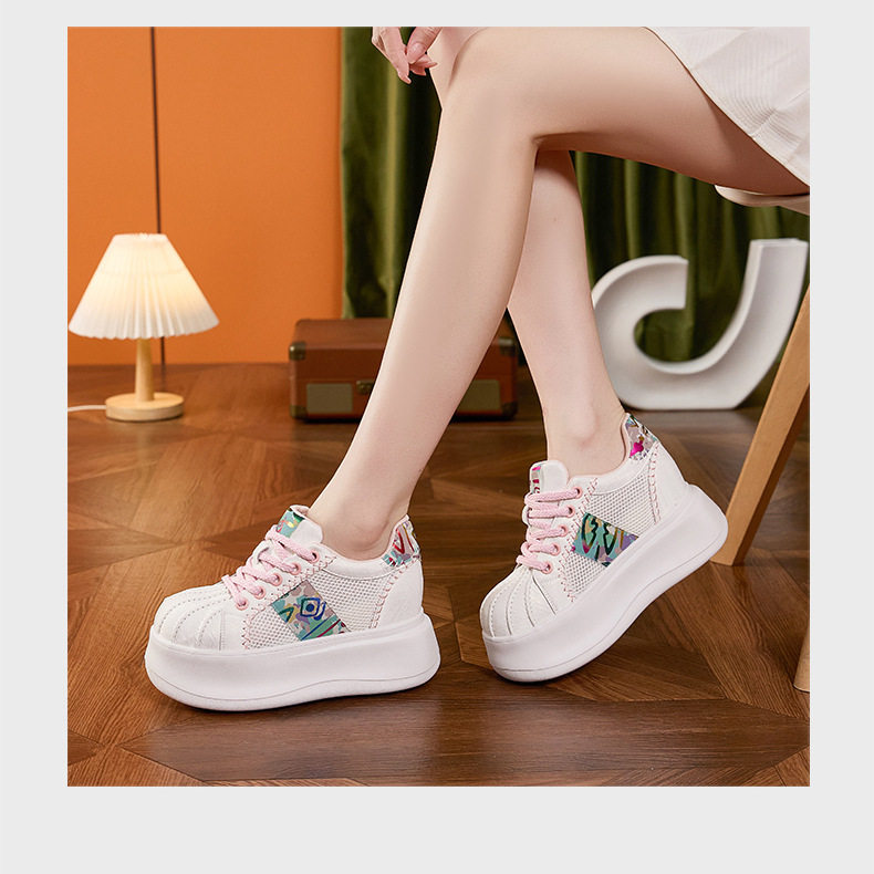 Giày sneaker nữ chạy bộ mesh thoáng đế dày trắng — Bột trắng, Hộp trắng vàng chi tiết 13