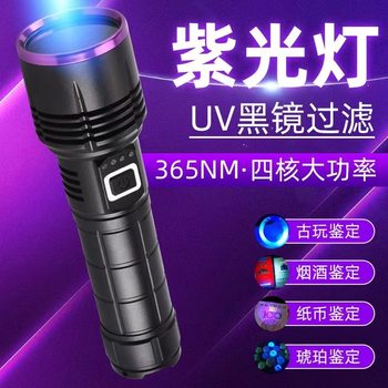 New portable black mirror flashlight 365nm aluminum alloy high-power coin identification anti-counterfeiting purple flashlight