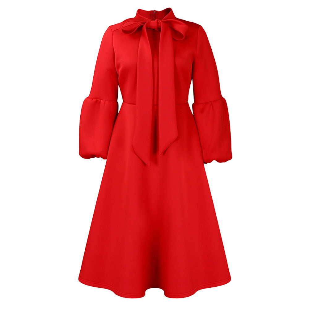 Fashionable High Waisted Lantern Sleeve Dress Plus Size Bow Tie Flared Skirt Spring Summer Occasion Wholesale