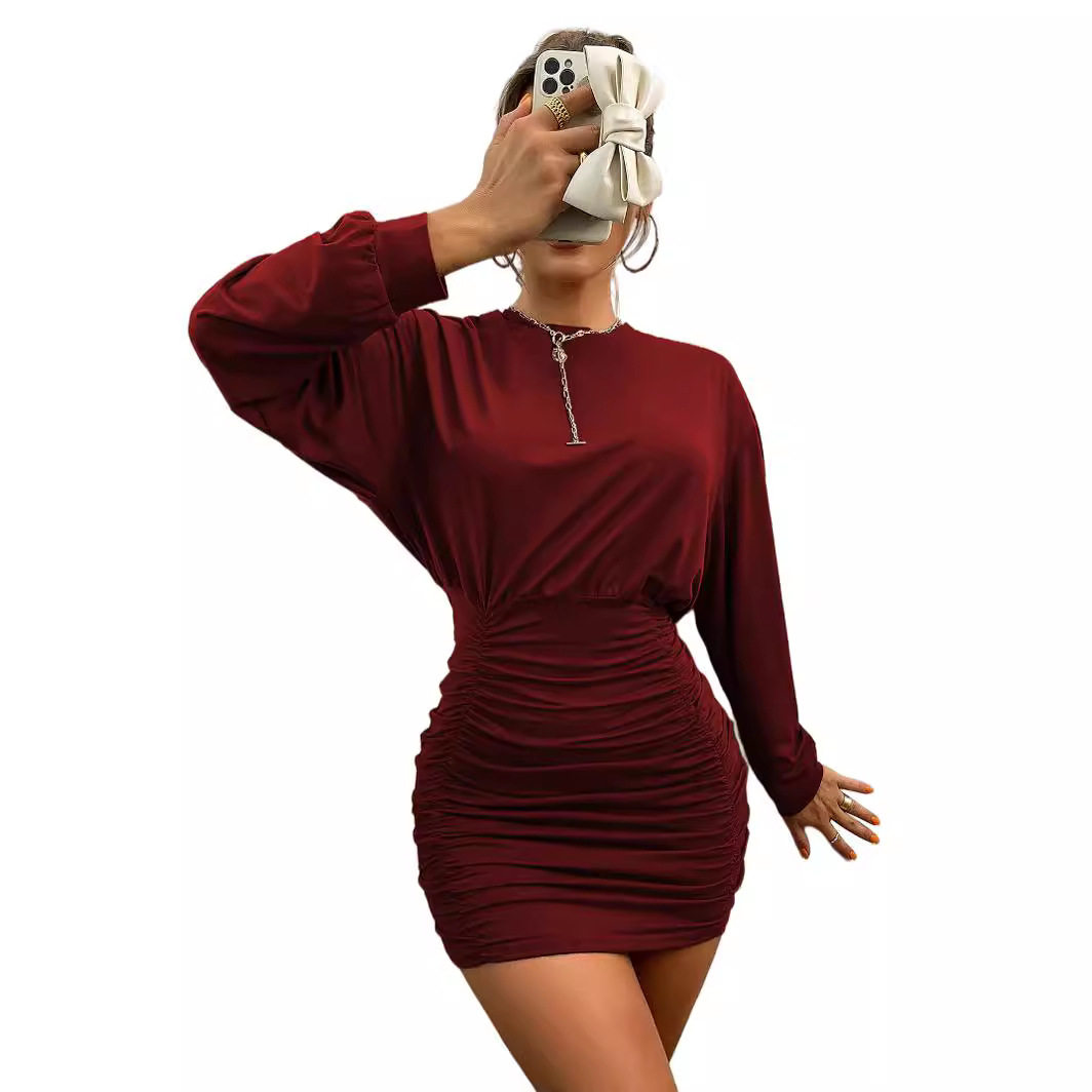 Womens Long Sleeve Knitted Dress Loose Fit Ruched Waist Bodycon Style Spring Summer Fashion Wholesale Available