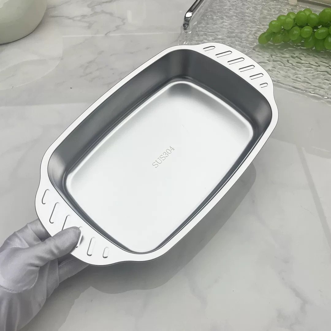 Square household stainless steel grilled fish plate deep plate binaural anti-scald induction cooker commercial thickened tray grilled fish plate