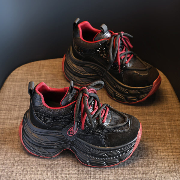 Giày Sneaker Nữ Đế Cao Thời Trang Đính Đá Chiều Cao Đế 8cm Màu Đen, Xám