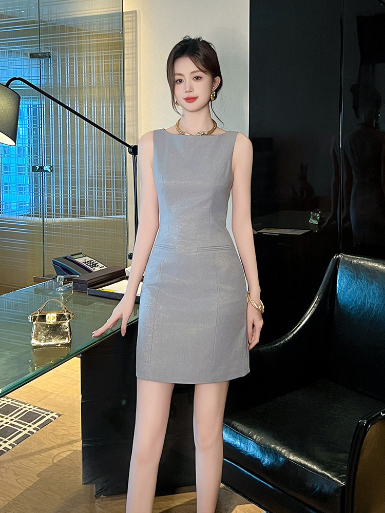 Đầm ôm body nữ không tay phong cách Pháp, cạp cao tôn dáng — [Xám], [Mơ]