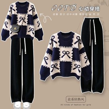 Plus Size Women's Winter Suit Women's New Lazy Style Loose Sweater Slimming Wide Leg Pants Two-Piece Set