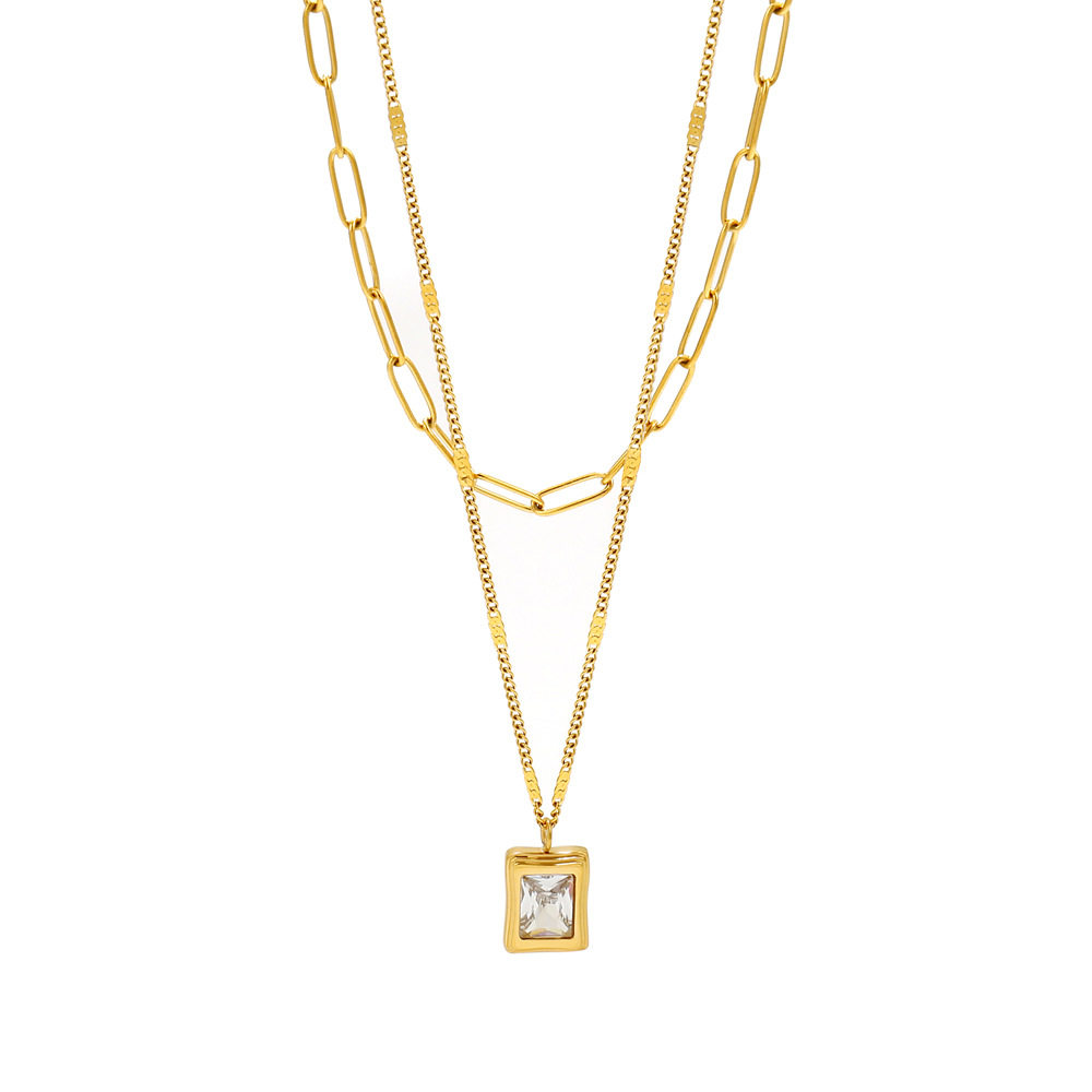 European and American fashion double-layer folded rectangular white shell stainless steel necklace women's niche high-end neck chain clavicle chain