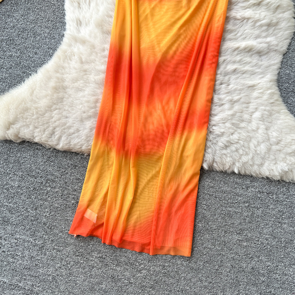 V Neck Chiffon Maxi Dress Orange Gradient Sleeveless Slim Fit Elegant Style Perfect for Summer Vacations