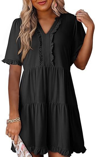 Loose Fit V Neck Short Sleeve Dress Solid Color Ruffle Hem Spring Summer Style Wholesale Available