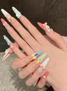 【童话镇】可爱风气球小熊游园会多巴胺少女手工穿戴甲长款美甲贴