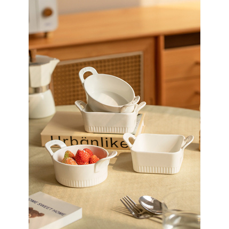 ⭐ Simple Soufflé Double-Eared Baking Bowl Oven Baking Dessert Pudding Steamed Egg Bowl Air Fryer Commercial Ceramic Small