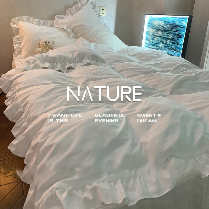 Solid Color Duvet Cover Blue Bed Sheet Three-Piece Set Lace Ins Soft Washed Cotton Four-Piece Set Ruffle Bedding Princess Style