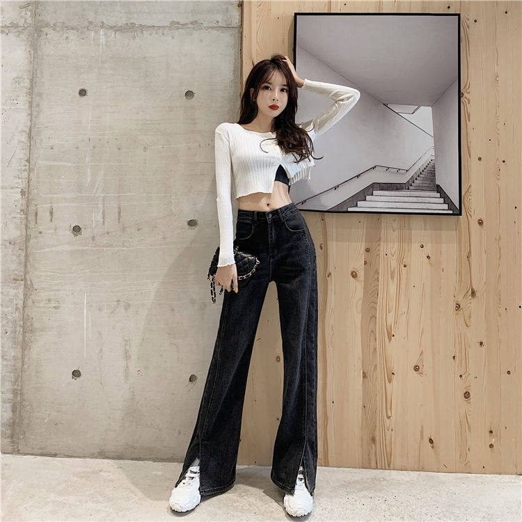 High Waisted Vintage Chic Split Hem Straight Leg Jeans for Women Loose Fit Flattering Soft Draping Casual Everyday