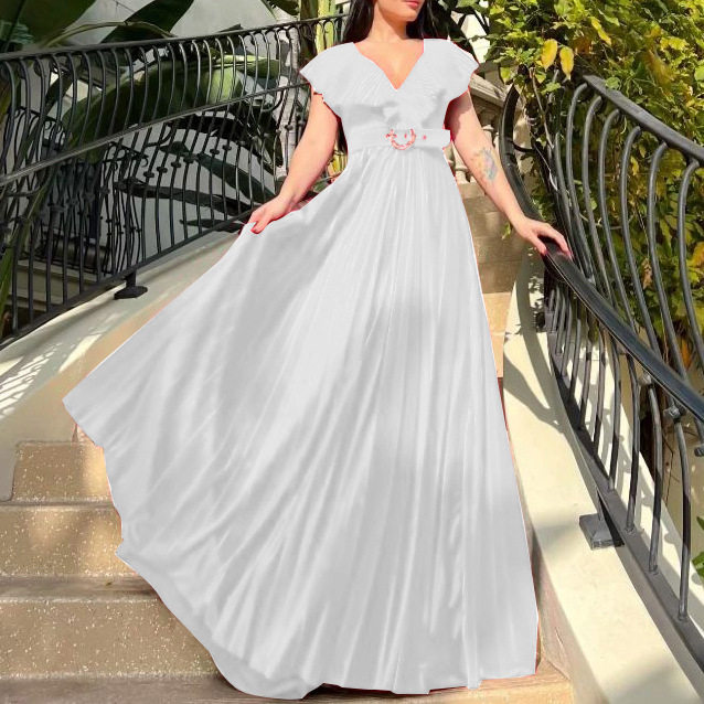 Plus Size Womens V Neck Solid Color Ruffled Hem Long Dress Elegant Pleated Design Perfect for Formal Occasions