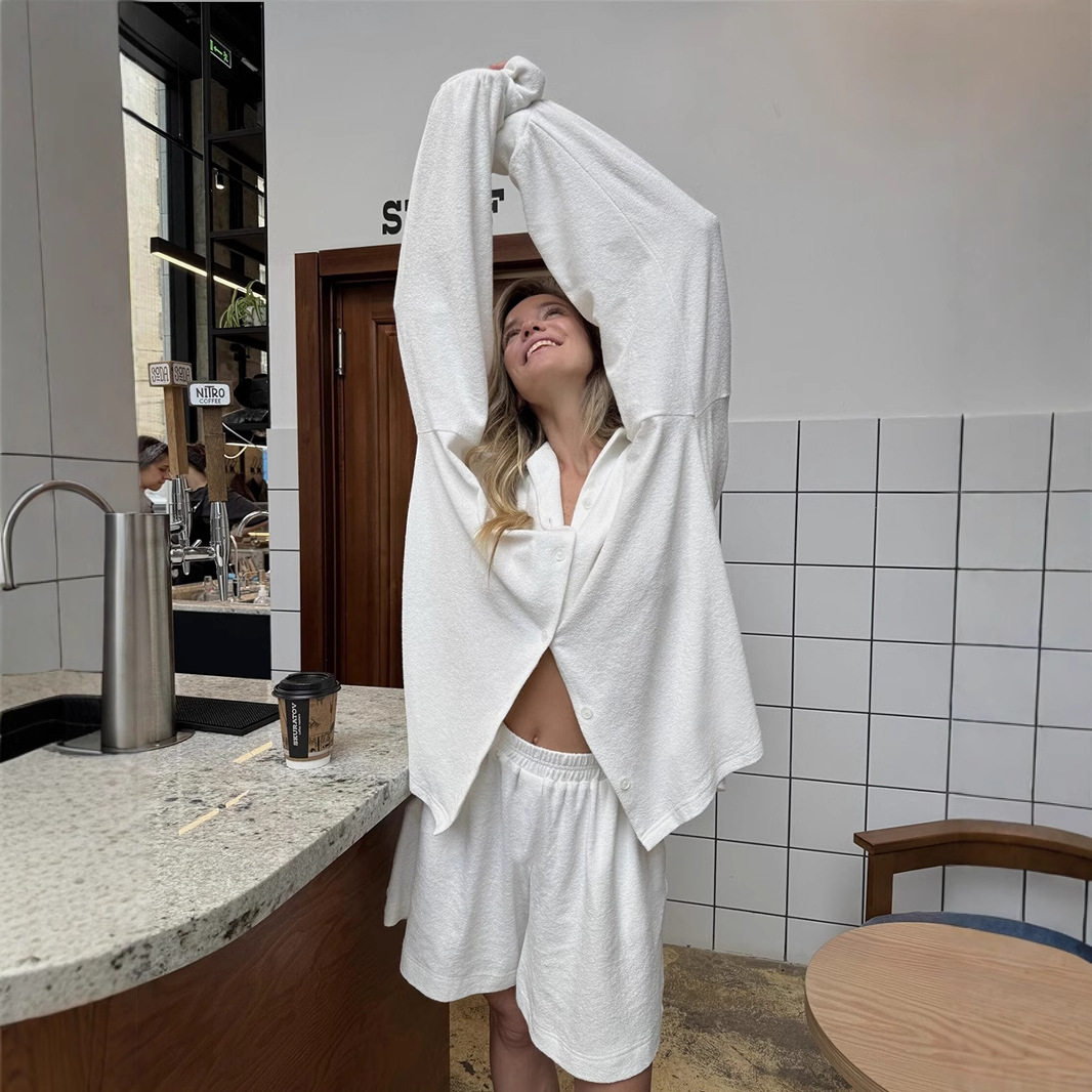 Womens Summer Two Piece Set Relaxed Fit Long Sleeve White Cardigan Towel Fabric Comfortable Home Wear Wholesale