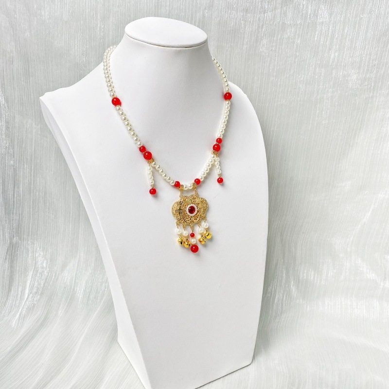 Ancient Style Necklace Bell Safety Lock New Chinese Style Necklace Retro Ethnic Style Pearl Pendant Ancient Han Dynasty Accessories Yingluo