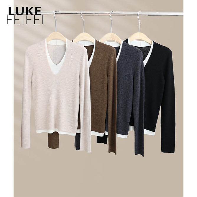 秋冬100%美丽诺羊毛假两件V领针织衫 撞色叠穿打底衫长袖套头上衣