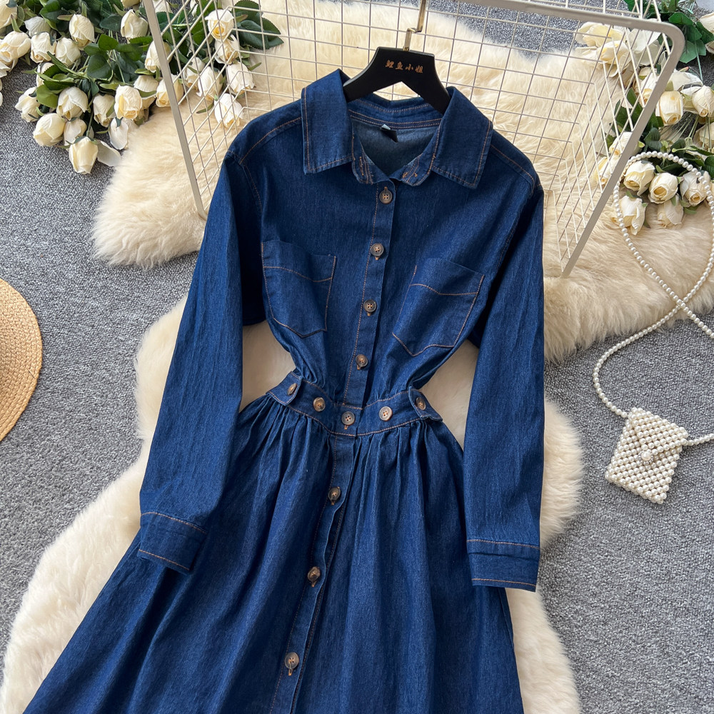 Summer Womens Denim Shirt Dress Long Sleeve Waist Defining A Line Silhouette Elegant Casual Style Wholesale