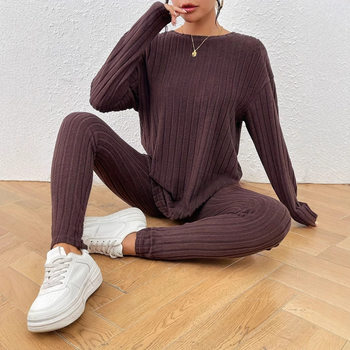 Autumn New 2025 Solid Color Fashionable Casual Slim-Fit Loungewear Set with Round Neck, Long Sleeves, and Long Pants, Suitable for Wearing Outside