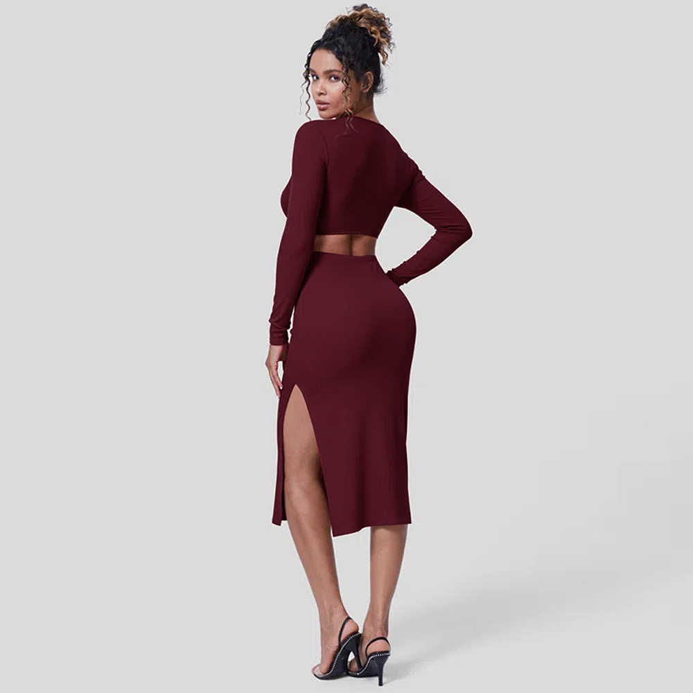 Slim Fit Hollow Out Long Sleeve Dress Solid Color Round Neck Bodycon Side Slit Elegant for Evening Events