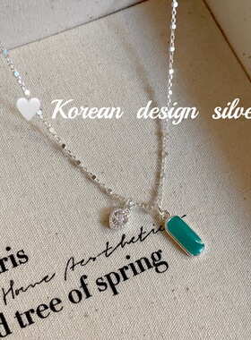 韩国东大门2025新款饰品 S925纯银蓝色滴胶爱心钻项链 锁骨叠戴女