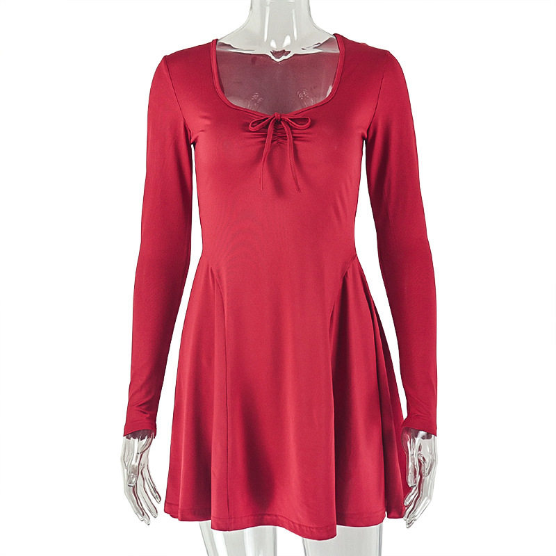 Fashionable Womens A Line Dress Long Sleeve Ruched Waist Solid Color Ideal for Dates and Casual Outings Wholesale