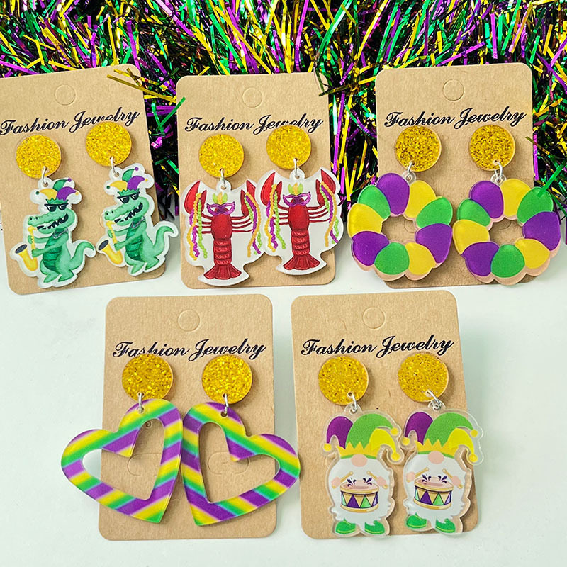 Cross-border Amazon Carnival crocodile lobster love holiday color matching earrings cute glitter acrylic earrings