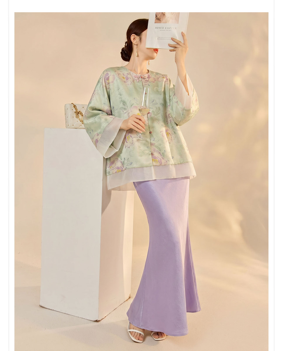 Bộ áo khoác dệt jacquard dáng dài tay kèm chân váy dài nữ tính — Chân váy màu tím, Xuân Huy Lục, Bộ