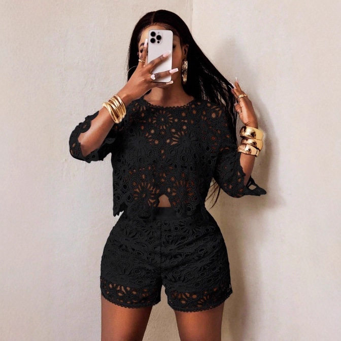 Womens Two Piece Set Solid Color Hollow Lace Slim Fit Elegant Design Perfect for Fall Occasions Wholesale