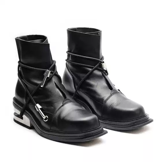 Scissor Metal Heel Short Boots with Elastic Straps, 90S Vintage Boots, Square Toe Short Boots, Cable Hiking Boots, Cool