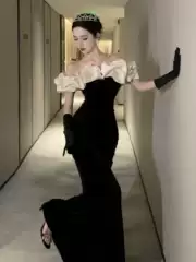 French Velvet Black Evening Dress One-Shoulder Annual Meeting Elegant Slimming Look Celebrity Host Fishtail Long Dress