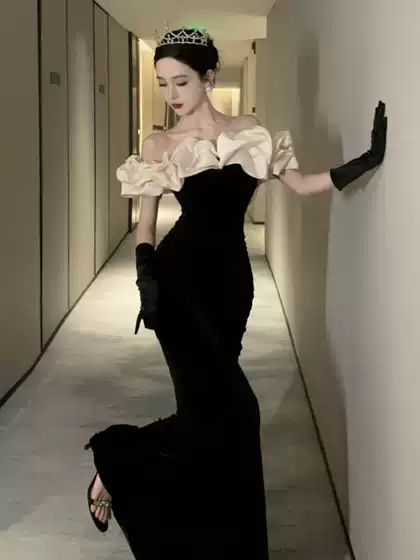 French Velvet Black Evening Dress One-Shoulder Annual Meeting Elegant Slimming Look Celebrity Host Fishtail Long Dress
