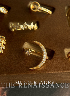 vintage中古风轻奢级感蝴蝶月亮戒指微镶锆石小众设计开口指戒