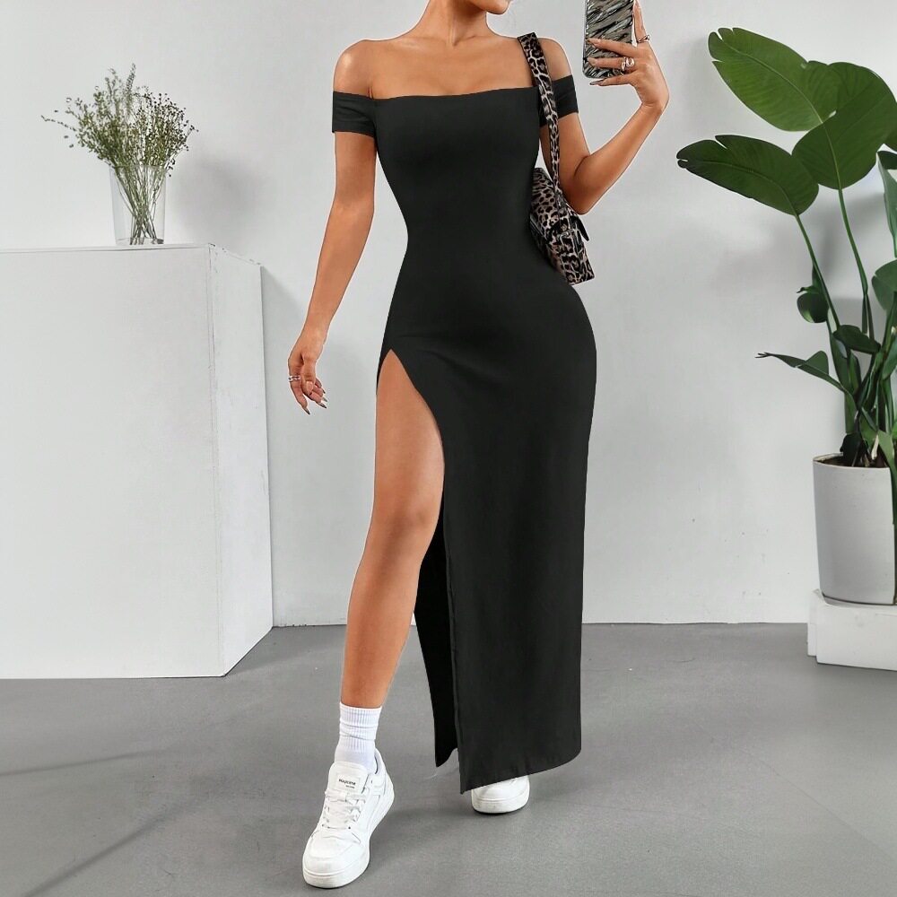 Elegant Solid Color High Waisted Split Long Dress Off Shoulder Knitted Comfortable Fit Summer Casual Wear Wholesale