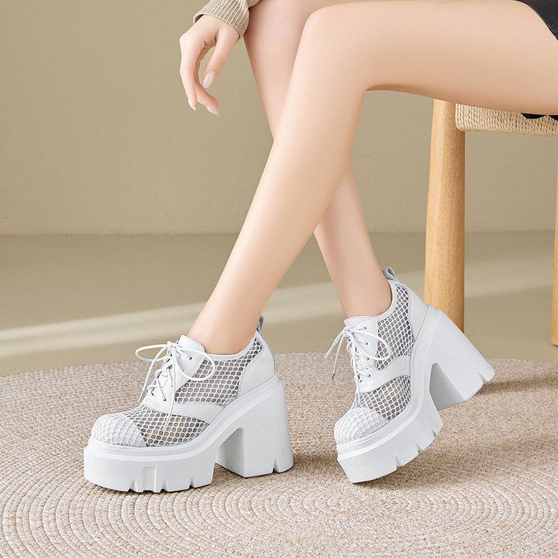 Giày cao gót nữ đế xuồng platform dây buộc hở mũi, gót 12 cm, phong cách thể thao — [Đen], [Trắng]