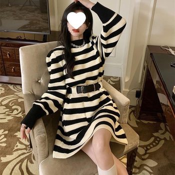 Autumn and Winter Petite Waist-Cinching Trendy Korean-Style Unique Thick Knit Dress Base Sweater Dress