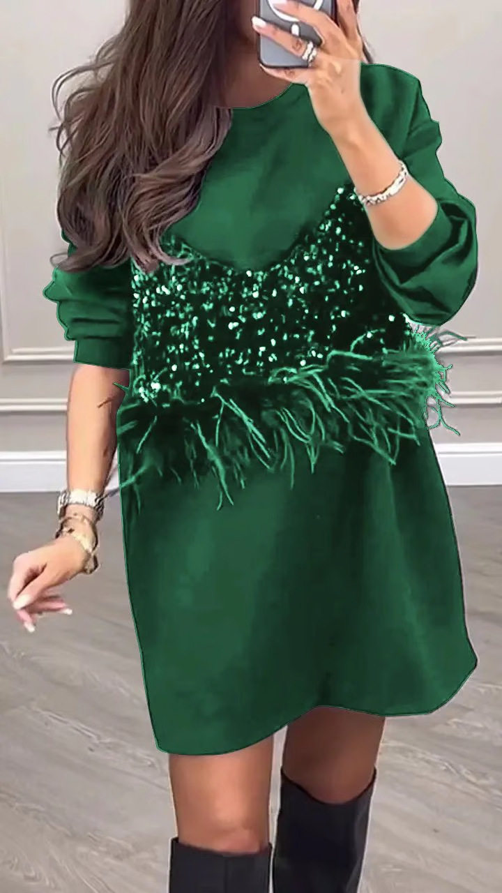 Winter Womens Dress Elegant Solid Color Round Neck Sequin and Feather Detail Evening Party Wear Wholesale Available