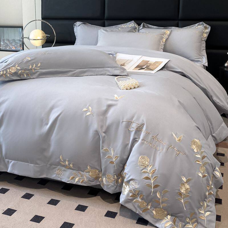 Light Luxury Style Washed Cotton Four-Piece Set, Simple Quilt Cover, Naked Sleeping Bed Sheetss, Three-Piece Set, Skin-Friendly Cotton Embroidered Bedding