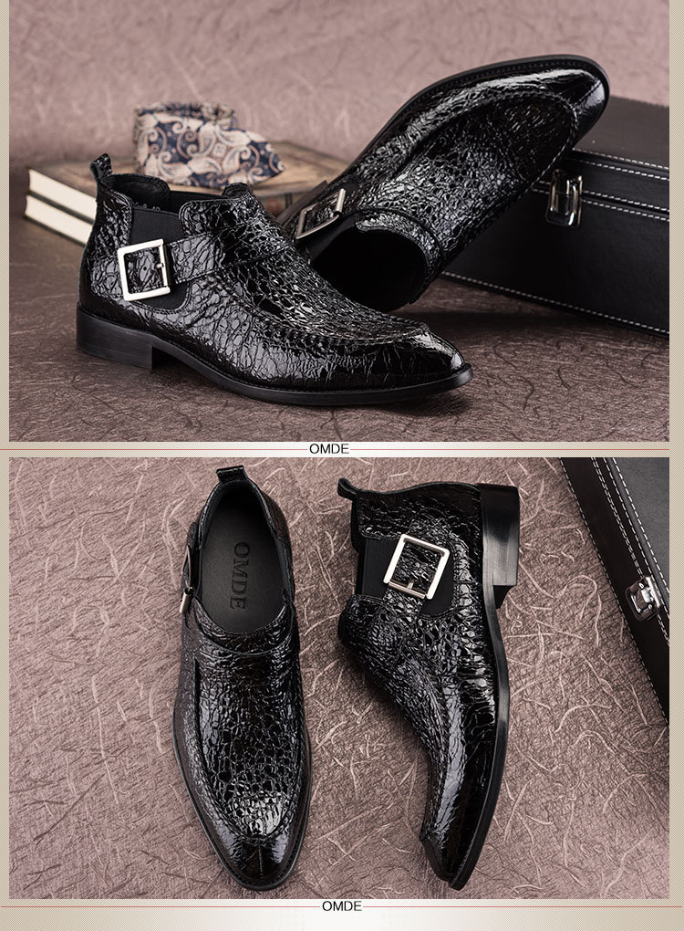 Boot nam da bò sơn mài mũi nhọn cổ thấp phong cách Hàn Quốc — Màu đen, Đỏ rượu đậm