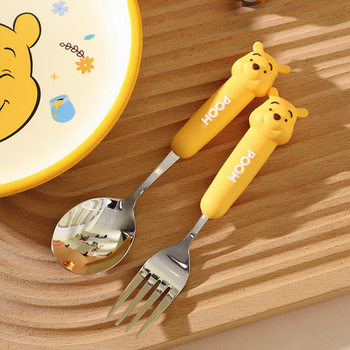 Disney Pooh silicone head spoon Fork stainless steel Children's spoon Fork fruit fork eating spoon new wholesale