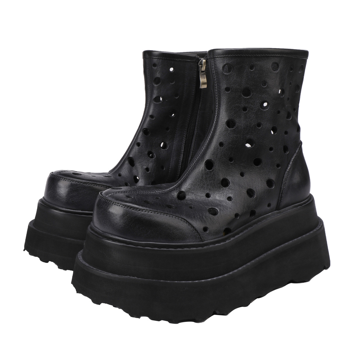 Giày sandal nữ da bò thật đế dày mũi tròn khoét lỗ phong cách retro — màu đen, Màu nâu
